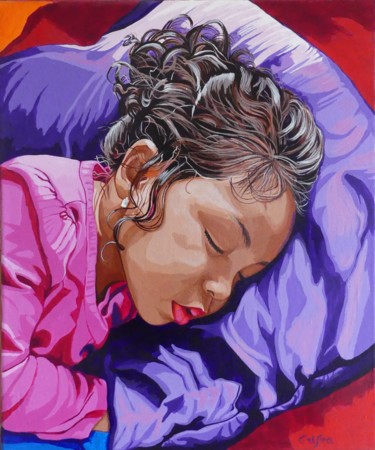 Malerei mit dem Titel "fillette endormie" von Christelle Vaesken, Original-Kunstwerk, Acryl