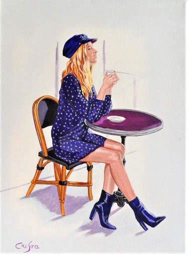 Painting titled "café en terrasse et…" by Christelle Vaesken, Original Artwork, Acrylic