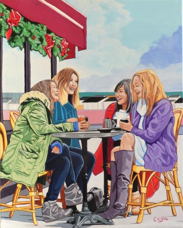 Peinture intitulée "Bonheur en terrasse…" par Christelle Vaesken, Œuvre d'art originale, Acrylique