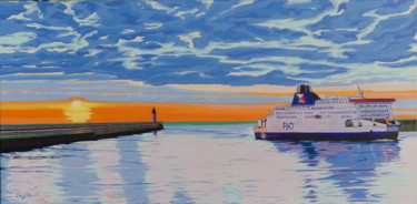 Peinture intitulée "la jetée et le ferry" par Christelle Vaesken, Œuvre d'art originale, Acrylique