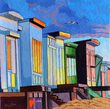 chalets de Blériot-Plage au soleil couchant Painting titled "chalets de Blériot-…" by Christelle Vaesken, Original Art, Acrylic