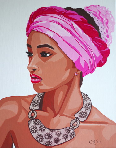 Pittura intitolato "Africaine au turban…" da Christelle Vaesken, Opera d'arte originale, Acrilico