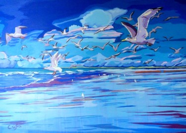 Painting titled "vol de mouettes à l…" by Christelle Vaesken, Original Artwork, Acrylic