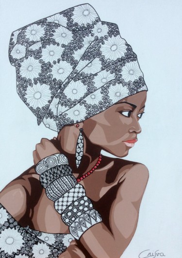 Painting titled "africaine au turban…" by Christelle Vaesken, Original Artwork, Acrylic