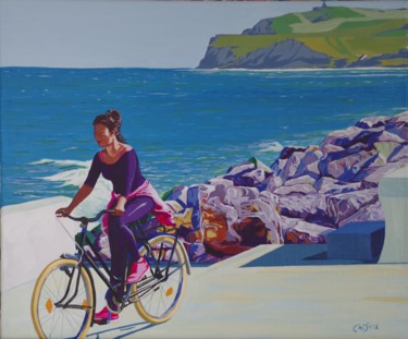 Painting titled "à vélo sur la digue…" by Christelle Vaesken, Original Artwork, Acrylic