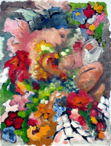 Painting titled "Faery & Flowers" by Catherine Rogers, Original Artwork, Oil