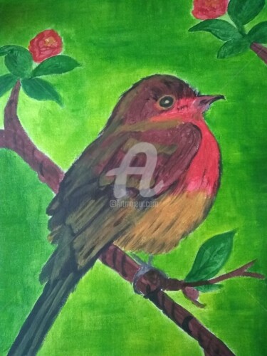 Peinture intitulée "BIRD ON THE BANCH" par Lodya, Œuvre d'art originale, Acrylique