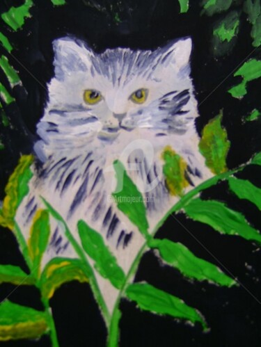 Painting titled "LE CHAT DANS LES FO…" by Lodya, Original Artwork, Oil