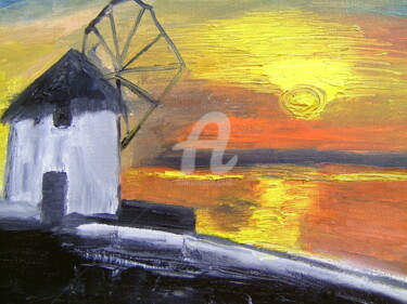 Painting titled "THE MILL AT NIGHT" by Lodya, Original Artwork, Oil Mounted on Wood Stretcher frame