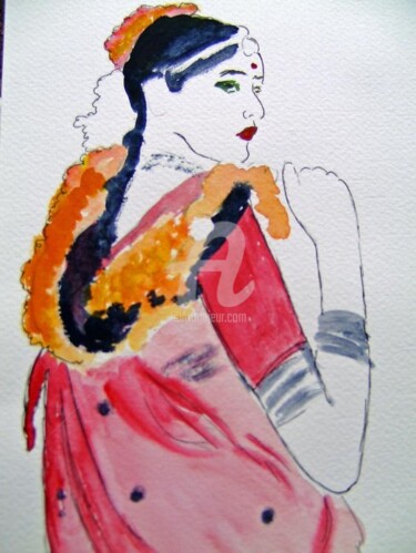Peinture intitulée "INDIAN IN SARI" par Lodya, Œuvre d'art originale