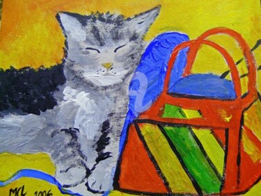 Painting titled "CHAT DANS LE PANIER…" by Lodya, Original Artwork, Oil