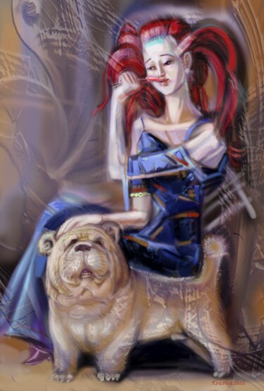 Цифровое искусство под названием "Девушка с собакой" - Valeriy Krestnikov, Подлинное произведение искусства, Цифровая живопи…
