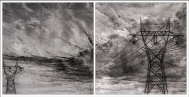 Disegno intitolato "Distance (1&2)" da Jean-Louis Crudenaire, Opera d'arte originale, Carbone Montato su Pannello di legno