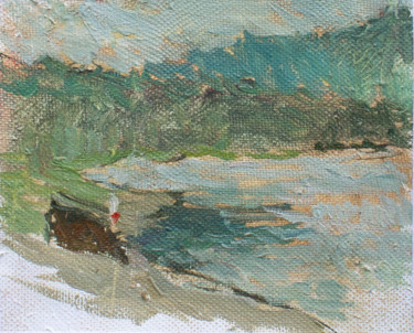 OLD BOAT IN THE EVENING. - small art gift for family home Painting titled "OLD BOAT IN THE EVE…" by Cryptid, Original Art, Oil