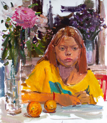 Painting titled "GIRL WITH ORANGES.…" by Cryptid, Original Artwork, Oil Mounted on Wood Stretcher frame
