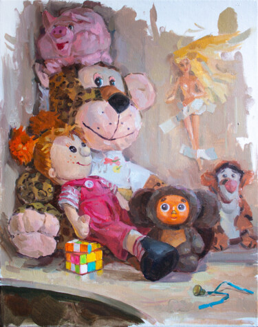 Painting titled "PLUSH FELLOWSHIP." by Cryptid, Original Artwork, Oil Mounted on Wood Stretcher frame