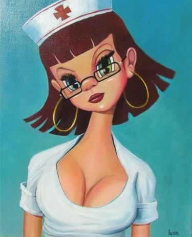 Schilderij getiteld "nurse 1" door Igor El Ruso (Lowbrow Artist), Origineel Kunstwerk, Olie