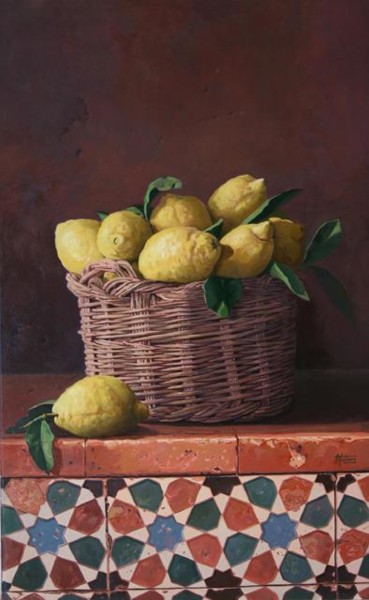 Pintura titulada "Canasto con limones" por Antonio Cubero Jiménez, Obra de arte original