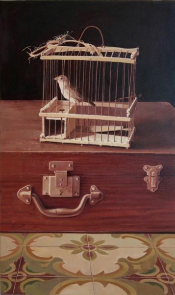 Pintura titulada "Jaula con maleta" por Antonio Cubero Jiménez, Obra de arte original