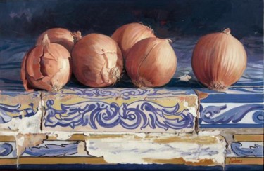 Pintura titulada "Cebollas con azulej…" por Antonio Cubero Jiménez, Obra de arte original