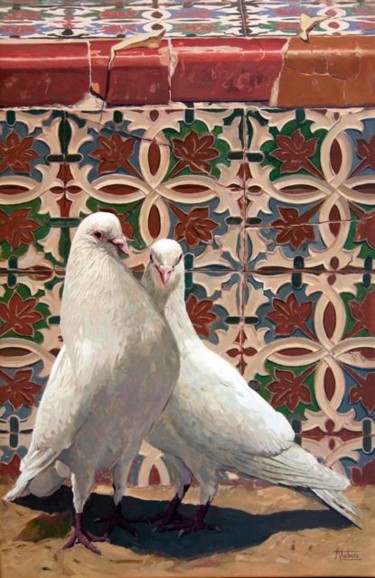 Pintura titulada "palomas y azulejos" por Antonio Cubero Jiménez, Obra de arte original