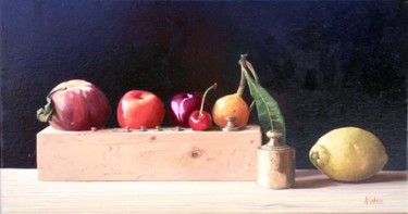 Pintura titulada "Fruta variada y pes…" por Antonio Cubero Jiménez, Obra de arte original, Oleo