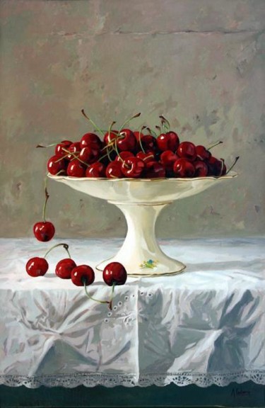 Pintura titulada "Frutero con cerezas" por Antonio Cubero Jiménez, Obra de arte original, Otro