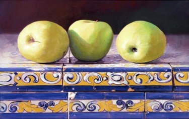 Pintura titulada "manzanas con azulej…" por Antonio Cubero Jiménez, Obra de arte original