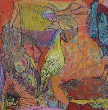 Painting titled "L'Indien et l'Oiseau" by Cuervo, Original Artwork