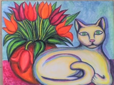 Painting titled "Le chat au bouquet" by L'Homme Aux Pieds De Caoutchouc, Der Man, Original Artwork