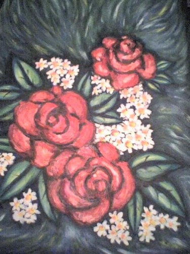 Peinture intitulée "Roses et camomille…" par L'Homme Aux Pieds De Caoutchouc, Der Man, Œuvre d'art originale