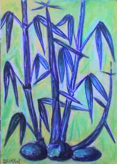 Peinture intitulée "Les bambous bleus" par L'Homme Aux Pieds De Caoutchouc, Der Man, Œuvre d'art originale