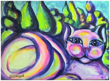 Peinture intitulée "Le chat mauve" par L'Homme Aux Pieds De Caoutchouc, Der Man, Œuvre d'art originale