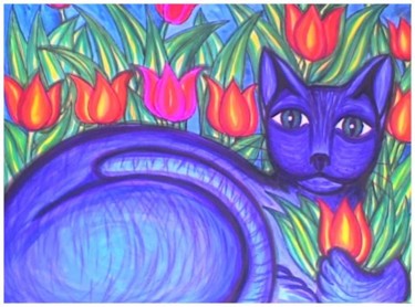 Peinture intitulée "Die blaue Katze im…" par L'Homme Aux Pieds De Caoutchouc, Der Man, Œuvre d'art originale