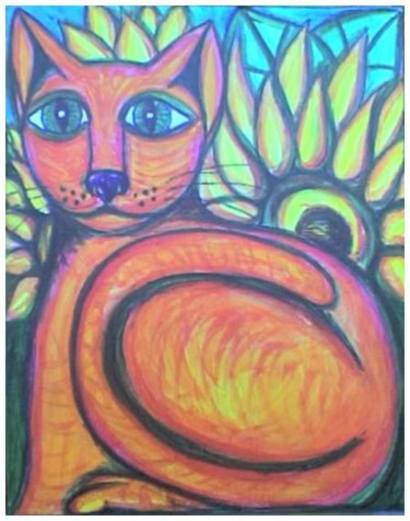 Peinture intitulée "Le chat orange aux…" par L'Homme Aux Pieds De Caoutchouc, Der Man, Œuvre d'art originale