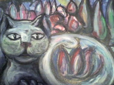 Peinture intitulée "Le chat de la nuit" par L'Homme Aux Pieds De Caoutchouc, Der Man, Œuvre d'art originale