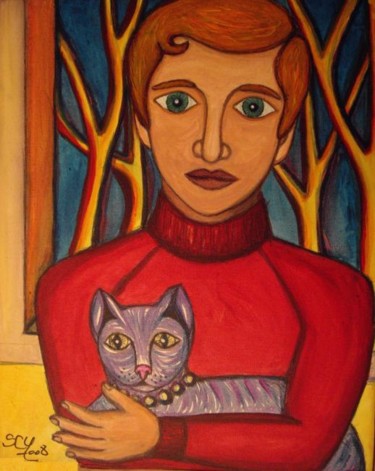 Peinture intitulée "Jeune homme au chat" par L'Homme Aux Pieds De Caoutchouc, Der Man, Œuvre d'art originale