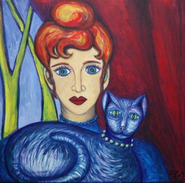 Peinture intitulée "Femme rousse au chat" par L'Homme Aux Pieds De Caoutchouc, Der Man, Œuvre d'art originale