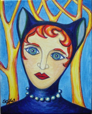 Painting titled "Femme chat" by L'Homme Aux Pieds De Caoutchouc, Der Man, Original Artwork