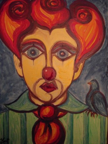 Painting titled "Clown et Mésange" by L'Homme Aux Pieds De Caoutchouc, Der Man, Original Artwork