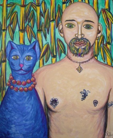 Peinture intitulée "Stefaan et le chat…" par L'Homme Aux Pieds De Caoutchouc, Der Man, Œuvre d'art originale, Huile