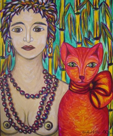 Peinture intitulée "Marijka et le Chat…" par L'Homme Aux Pieds De Caoutchouc, Der Man, Œuvre d'art originale, Huile