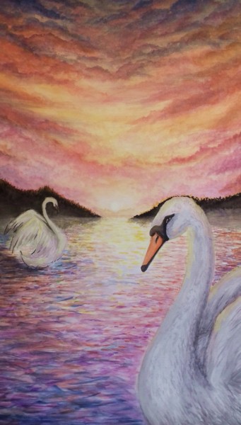 Malerei mit dem Titel ""Swan Harbor"" von Kézia Curty, Original-Kunstwerk, Aquarell