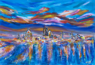Painting titled "London Sunset" by William Chemin, Original Artwork, Acrylic Mounted on Wood Stretcher frame