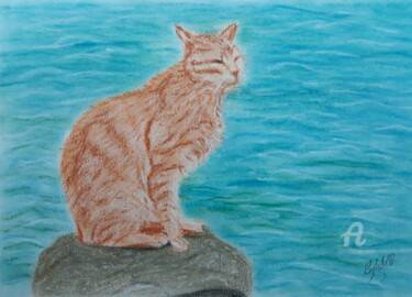 Картина под названием "Cat at the sea" - Cybele Chaves, Подлинное произведение искусства, Пастель