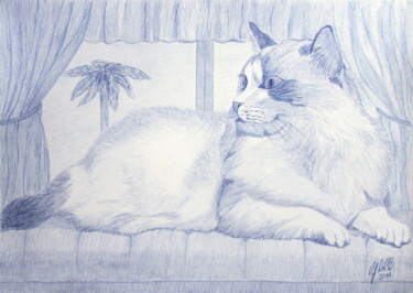 Malerei mit dem Titel "Blue cat - Gato azul" von Cybele Chaves, Original-Kunstwerk, Bleistift