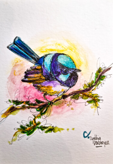 Dessin intitulée "Oiseau dodu bleu" par Cynthia Dormeyer, Œuvre d'art originale, Aquarelle