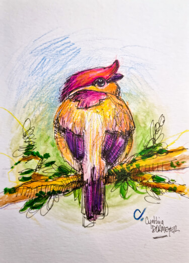 Desenho intitulada "Oiseau dodu jaune" por Cynthia Dormeyer, Obras de arte originais, Aquarela