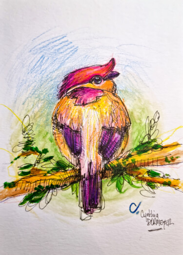 Dessin intitulée "Oiseau dodu jaune" par Cynthia Dormeyer, Œuvre d'art originale, Aquarelle