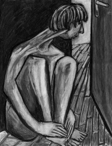 Drawing titled "Angoisse nocturne" by Cynthia Pedrosa, Original Artwork, Charcoal